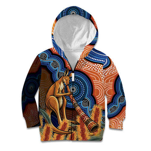 Personalised Australia Kangaroo Didgeridoo Kid Hoodie Bottlebrush Flowers Indigenous Art
