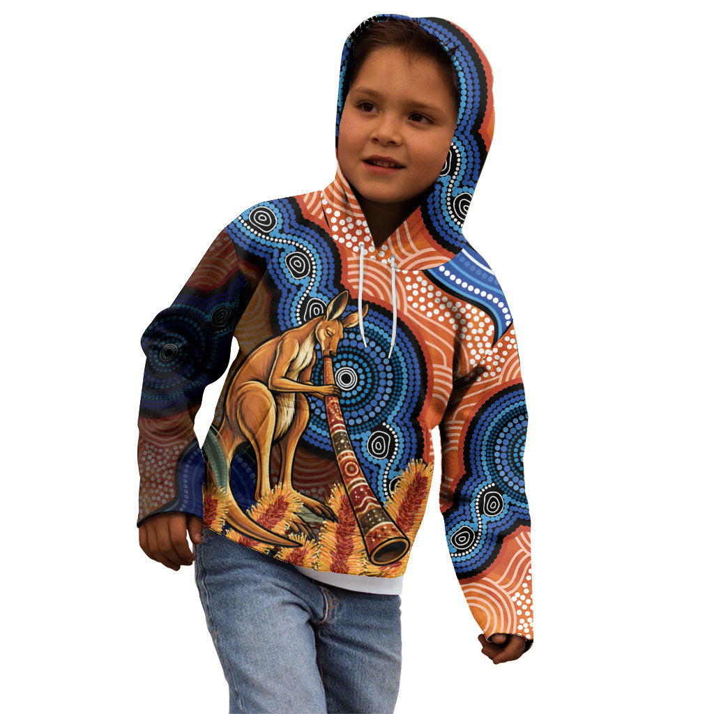 Personalised Australia Kangaroo Didgeridoo Kid Hoodie Bottlebrush Flowers Indigenous Art
