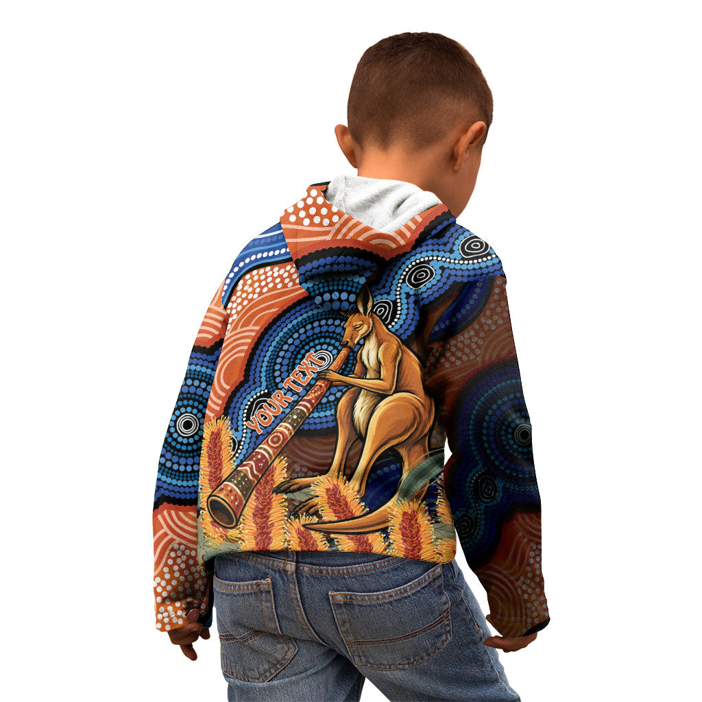Personalised Australia Kangaroo Didgeridoo Kid Hoodie Bottlebrush Flowers Indigenous Art