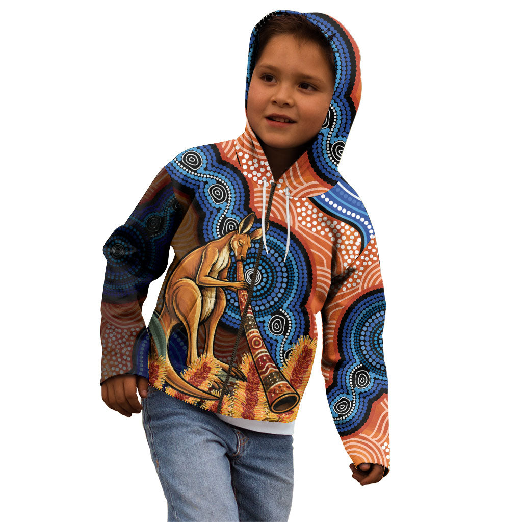 Personalised Australia Kangaroo Didgeridoo Kid Hoodie Bottlebrush Flowers Indigenous Art