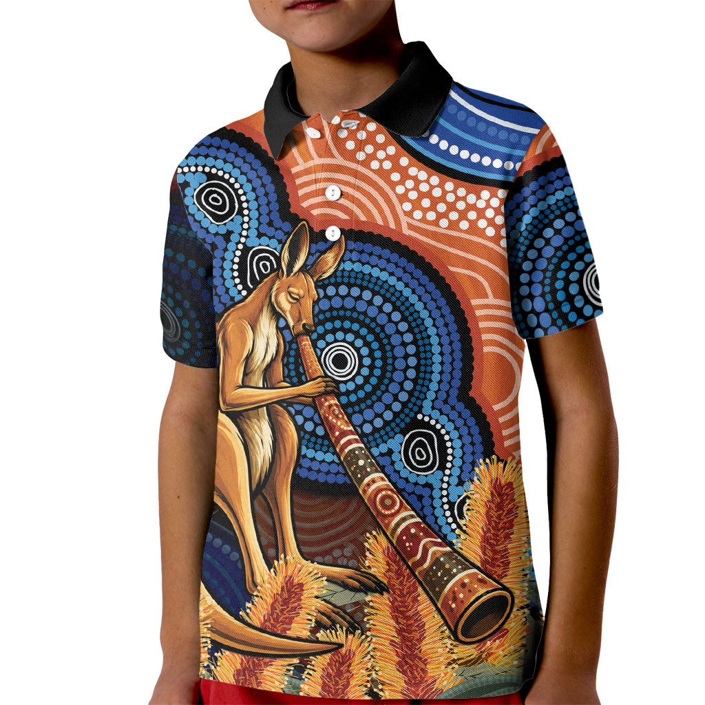 Personalised Australia Kangaroo Didgeridoo Kid Polo Shirt Bottlebrush Flowers Indigenous Art
