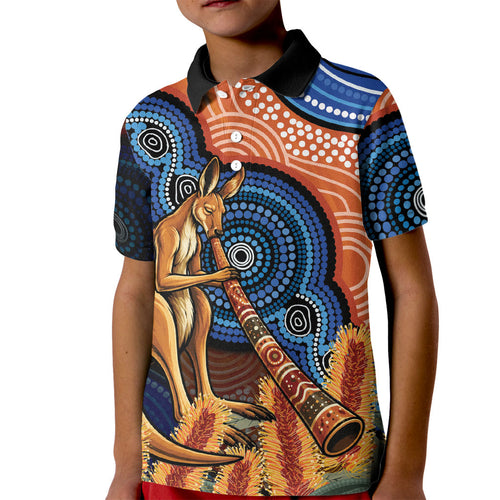 Personalised Australia Kangaroo Didgeridoo Kid Polo Shirt Bottlebrush Flowers Indigenous Art