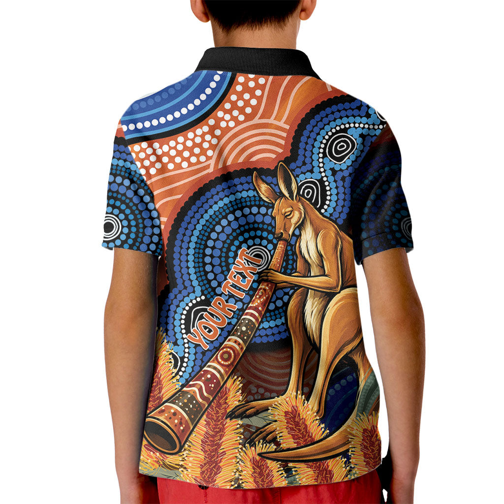 Personalised Australia Kangaroo Didgeridoo Kid Polo Shirt Bottlebrush Flowers Indigenous Art