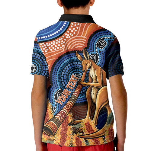 Personalised Australia Kangaroo Didgeridoo Kid Polo Shirt Bottlebrush Flowers Indigenous Art