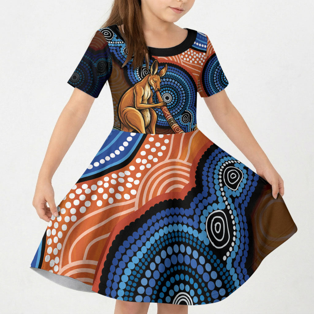 Personalised Australia Kangaroo Didgeridoo Kid Short Sleeve Dress Bottlebrush Flowers Indigenous Art