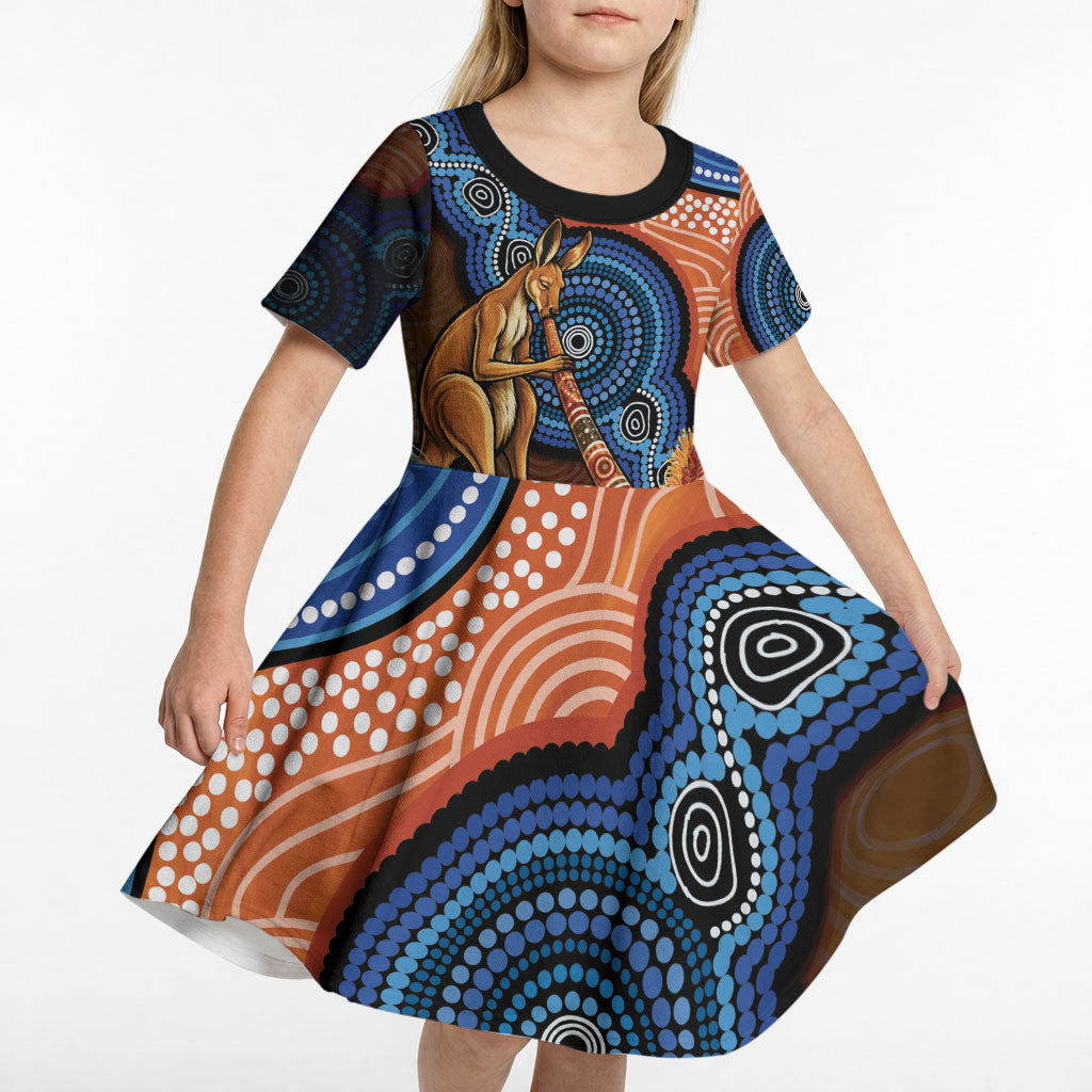 Personalised Australia Kangaroo Didgeridoo Kid Short Sleeve Dress Bottlebrush Flowers Indigenous Art