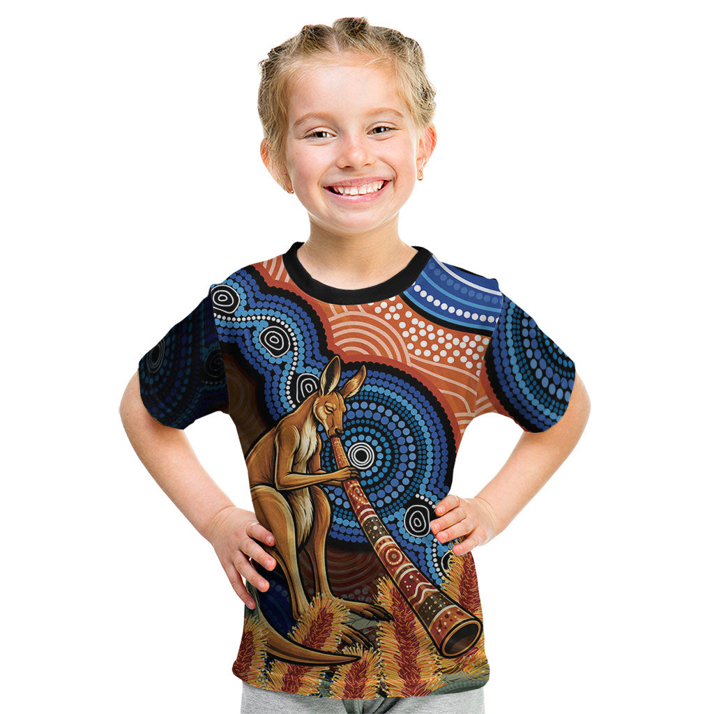 Personalised Australia Kangaroo Didgeridoo Kid T Shirt Bottlebrush Flowers Indigenous Art