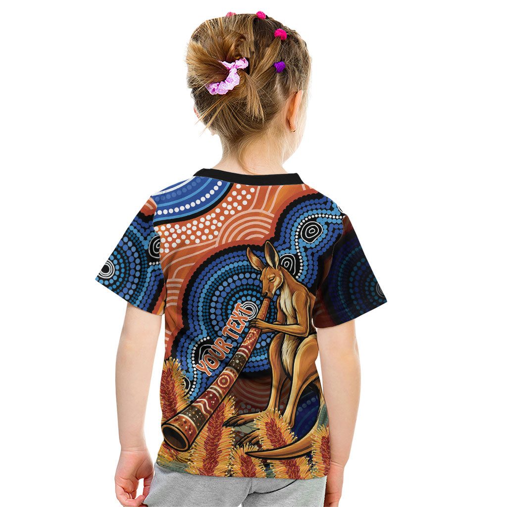 Personalised Australia Kangaroo Didgeridoo Kid T Shirt Bottlebrush Flowers Indigenous Art