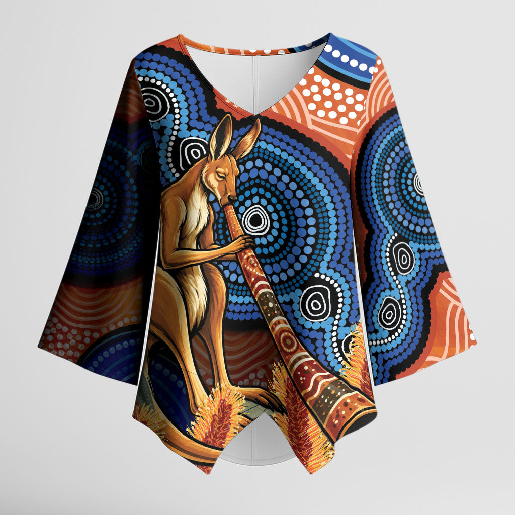 Personalised Australia Kangaroo Didgeridoo Kimono Sleeve Blouse Bottlebrush Flowers Indigenous Art