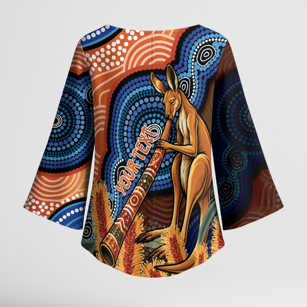 Personalised Australia Kangaroo Didgeridoo Kimono Sleeve Blouse Bottlebrush Flowers Indigenous Art
