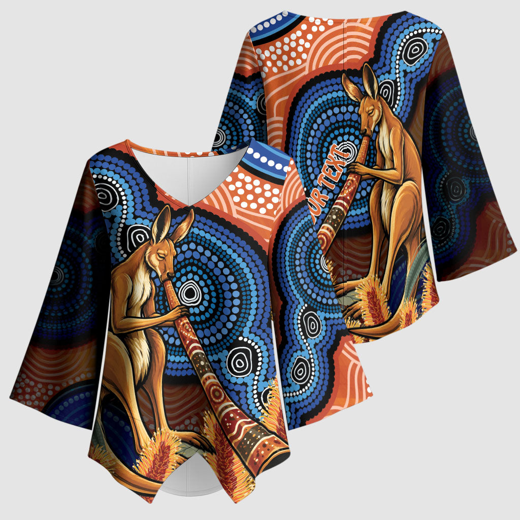 Personalised Australia Kangaroo Didgeridoo Kimono Sleeve Blouse Bottlebrush Flowers Indigenous Art