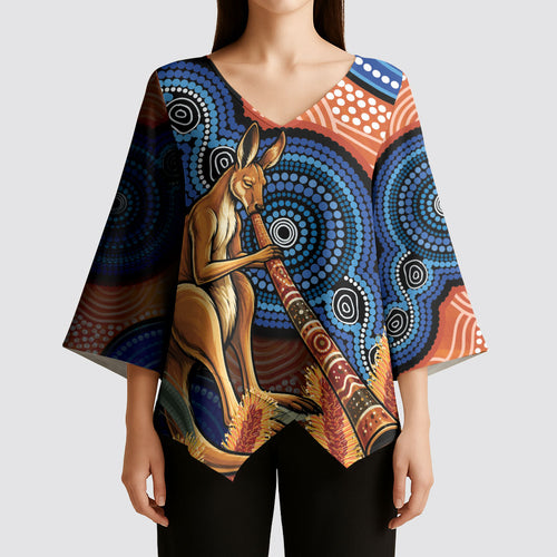 Personalised Australia Kangaroo Didgeridoo Kimono Sleeve Blouse Bottlebrush Flowers Indigenous Art