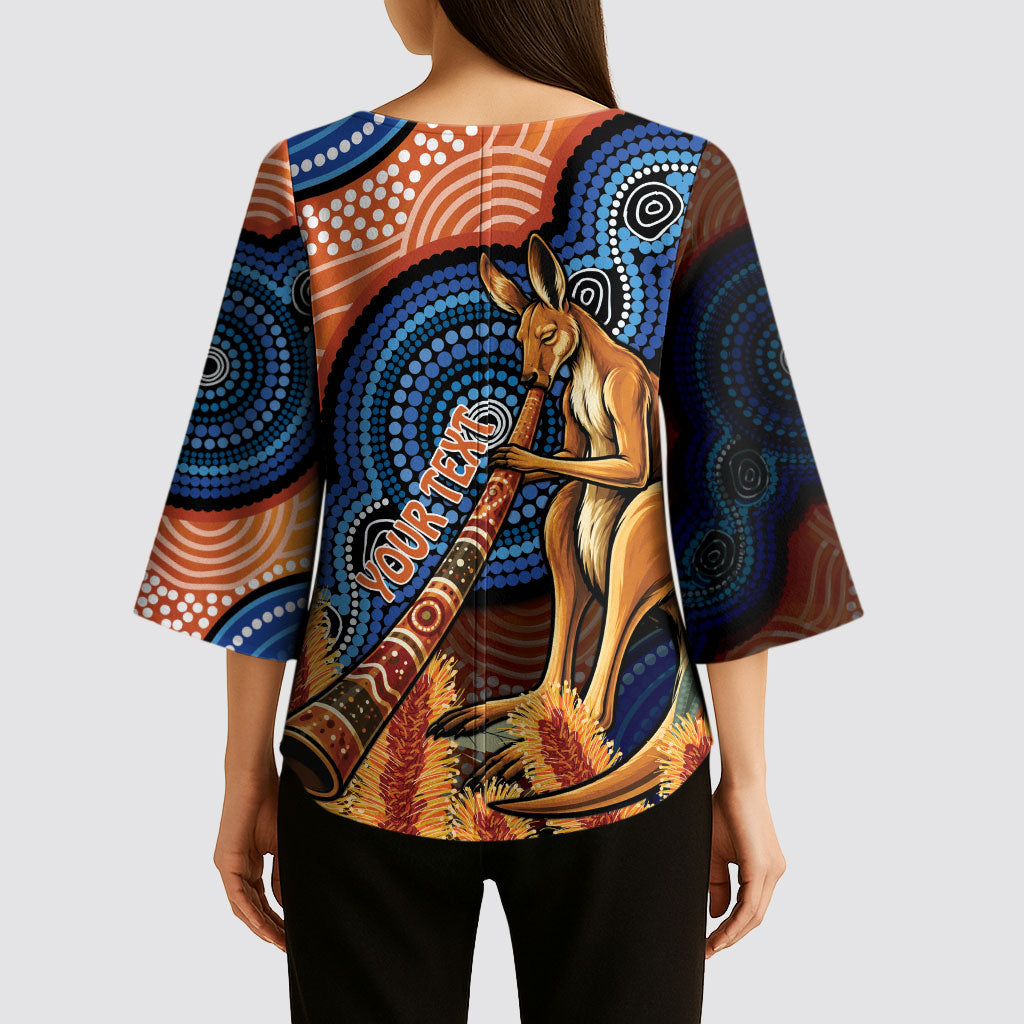 Personalised Australia Kangaroo Didgeridoo Kimono Sleeve Blouse Bottlebrush Flowers Indigenous Art