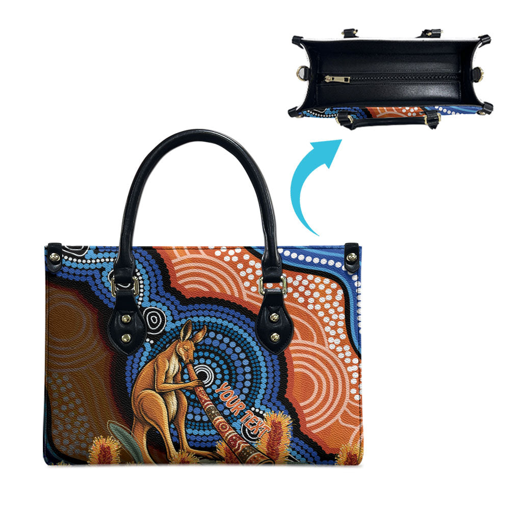 Personalised Australia Kangaroo Didgeridoo Leather Bag Bottlebrush Flowers Indigenous Art