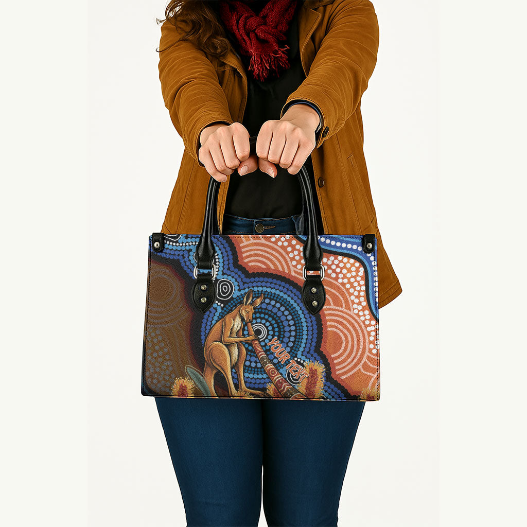 Personalised Australia Kangaroo Didgeridoo Leather Bag Bottlebrush Flowers Indigenous Art