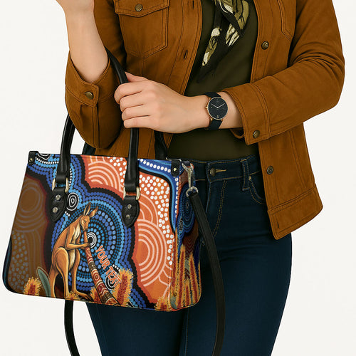 Personalised Australia Kangaroo Didgeridoo Leather Bag Bottlebrush Flowers Indigenous Art