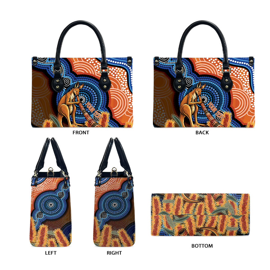 Personalised Australia Kangaroo Didgeridoo Leather Bag Bottlebrush Flowers Indigenous Art