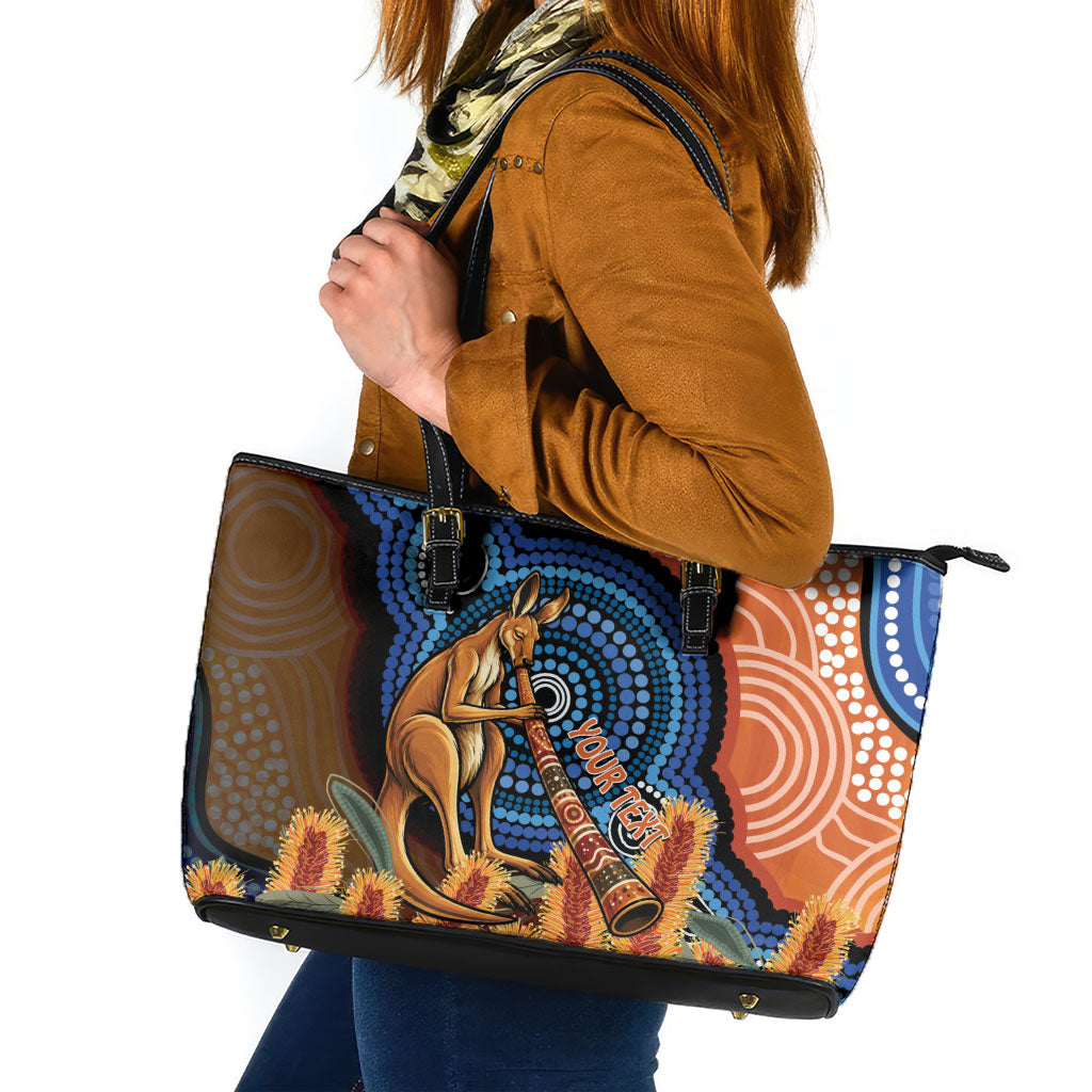 Personalised Australia Kangaroo Didgeridoo Leather Tote Bag Bottlebrush Flowers Indigenous Art