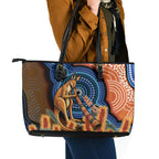 Personalised Australia Kangaroo Didgeridoo Leather Tote Bag Bottlebrush Flowers Indigenous Art
