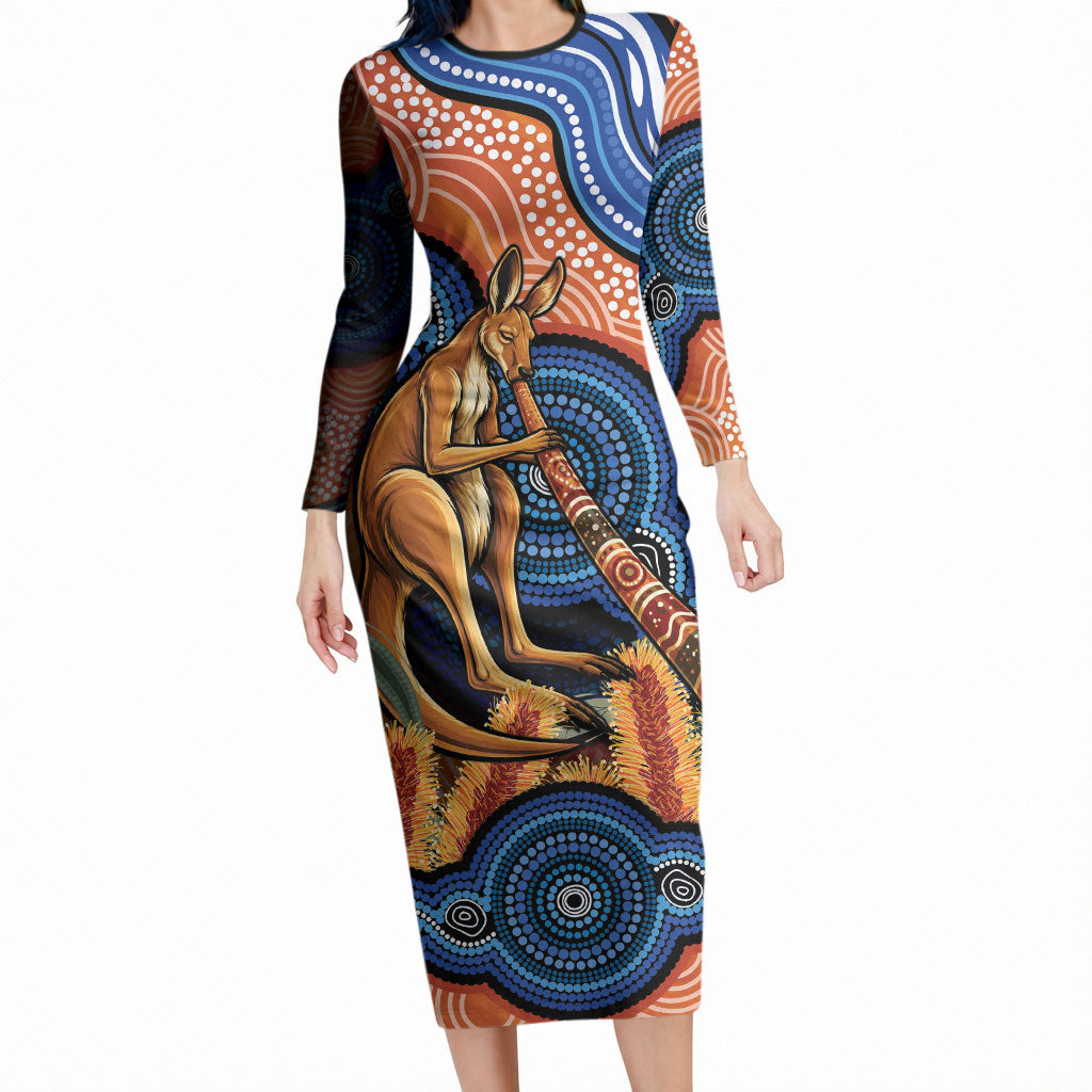 Personalised Australia Kangaroo Didgeridoo Long Sleeve Bodycon Dress Bottlebrush Flowers Indigenous Art
