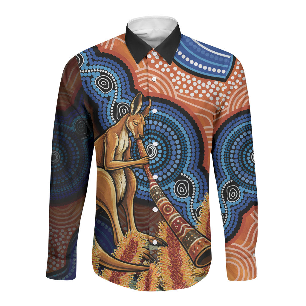 Personalised Australia Kangaroo Didgeridoo Long Sleeve Button Shirt Bottlebrush Flowers Indigenous Art