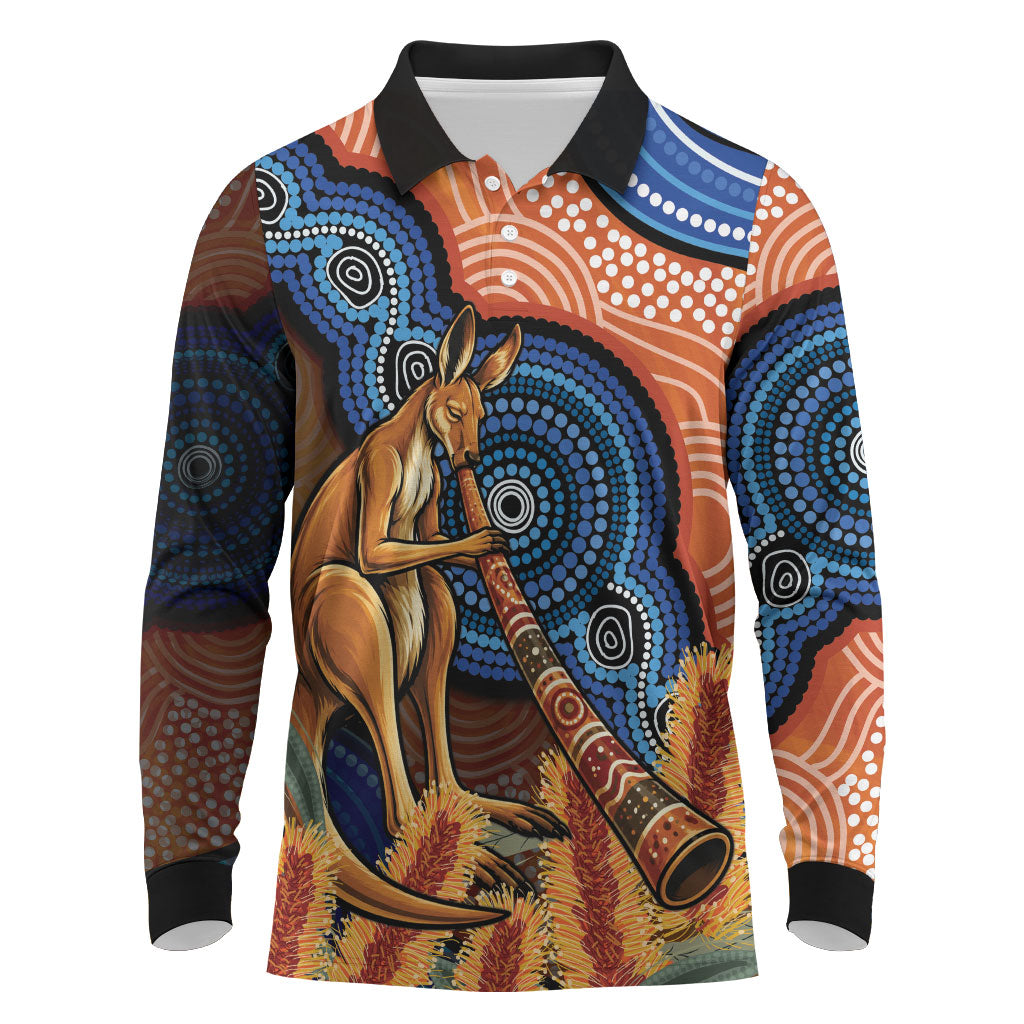 Personalised Australia Kangaroo Didgeridoo Long Sleeve Polo Shirt Bottlebrush Flowers Indigenous Art