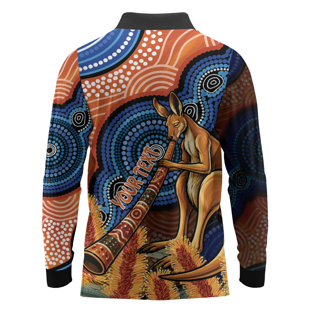 Personalised Australia Kangaroo Didgeridoo Long Sleeve Polo Shirt Bottlebrush Flowers Indigenous Art
