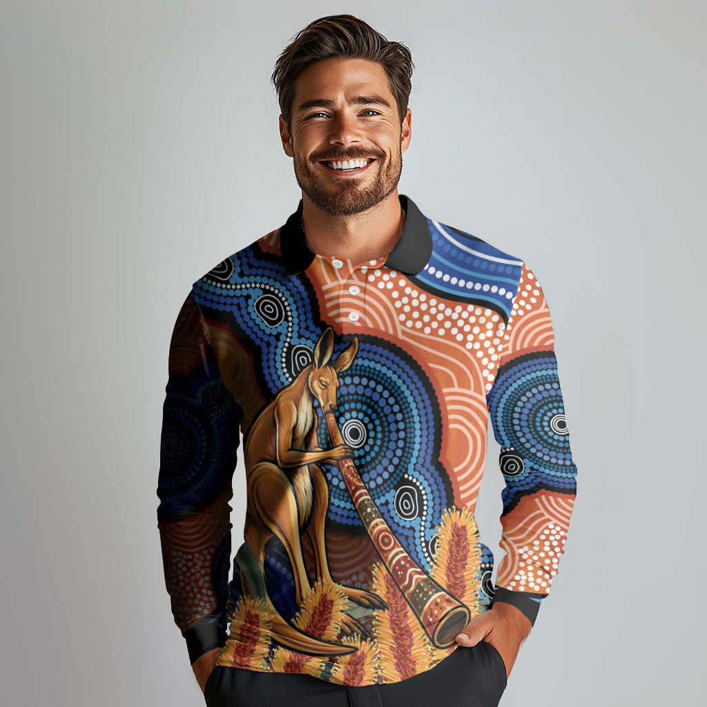 Personalised Australia Kangaroo Didgeridoo Long Sleeve Polo Shirt Bottlebrush Flowers Indigenous Art