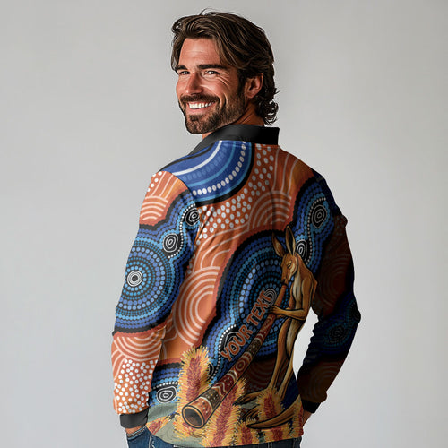 Personalised Australia Kangaroo Didgeridoo Long Sleeve Polo Shirt Bottlebrush Flowers Indigenous Art