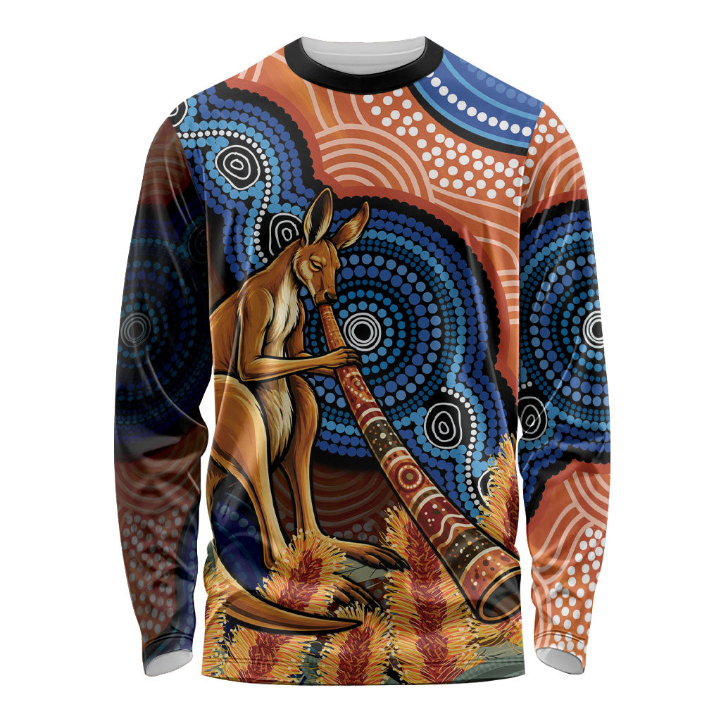 Personalised Australia Kangaroo Didgeridoo Long Sleeve Shirt Bottlebrush Flowers Indigenous Art