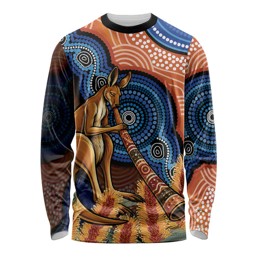 Personalised Australia Kangaroo Didgeridoo Long Sleeve Shirt Bottlebrush Flowers Indigenous Art