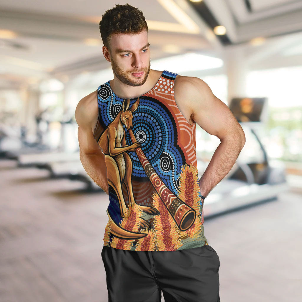 Personalised Australia Kangaroo Didgeridoo Men Tank Top Bottlebrush Flowers Indigenous Art