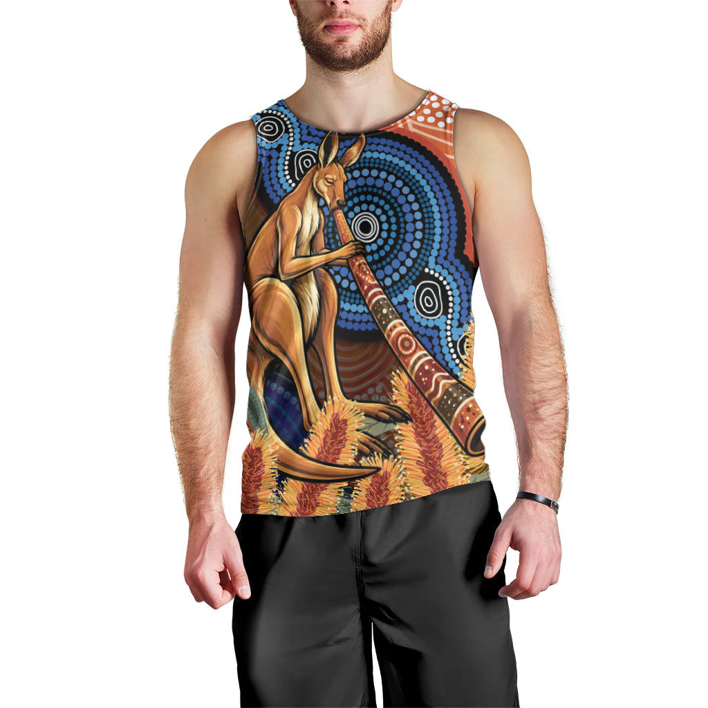 Personalised Australia Kangaroo Didgeridoo Men Tank Top Bottlebrush Flowers Indigenous Art
