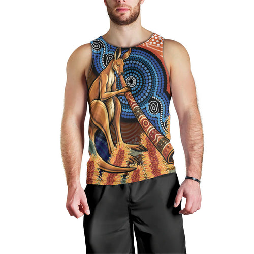 Personalised Australia Kangaroo Didgeridoo Men Tank Top Bottlebrush Flowers Indigenous Art