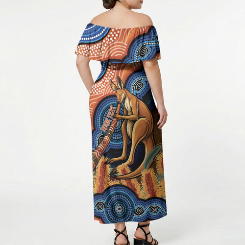 Personalised Australia Kangaroo Didgeridoo Off Shoulder Maxi Dress Bottlebrush Flowers Indigenous Art