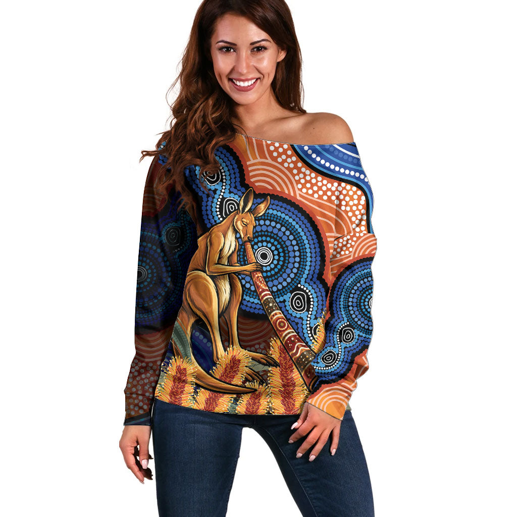 Personalised Australia Kangaroo Didgeridoo Off Shoulder Sweater Bottlebrush Flowers Indigenous Art