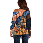 Personalised Australia Kangaroo Didgeridoo Off Shoulder Sweater Bottlebrush Flowers Indigenous Art