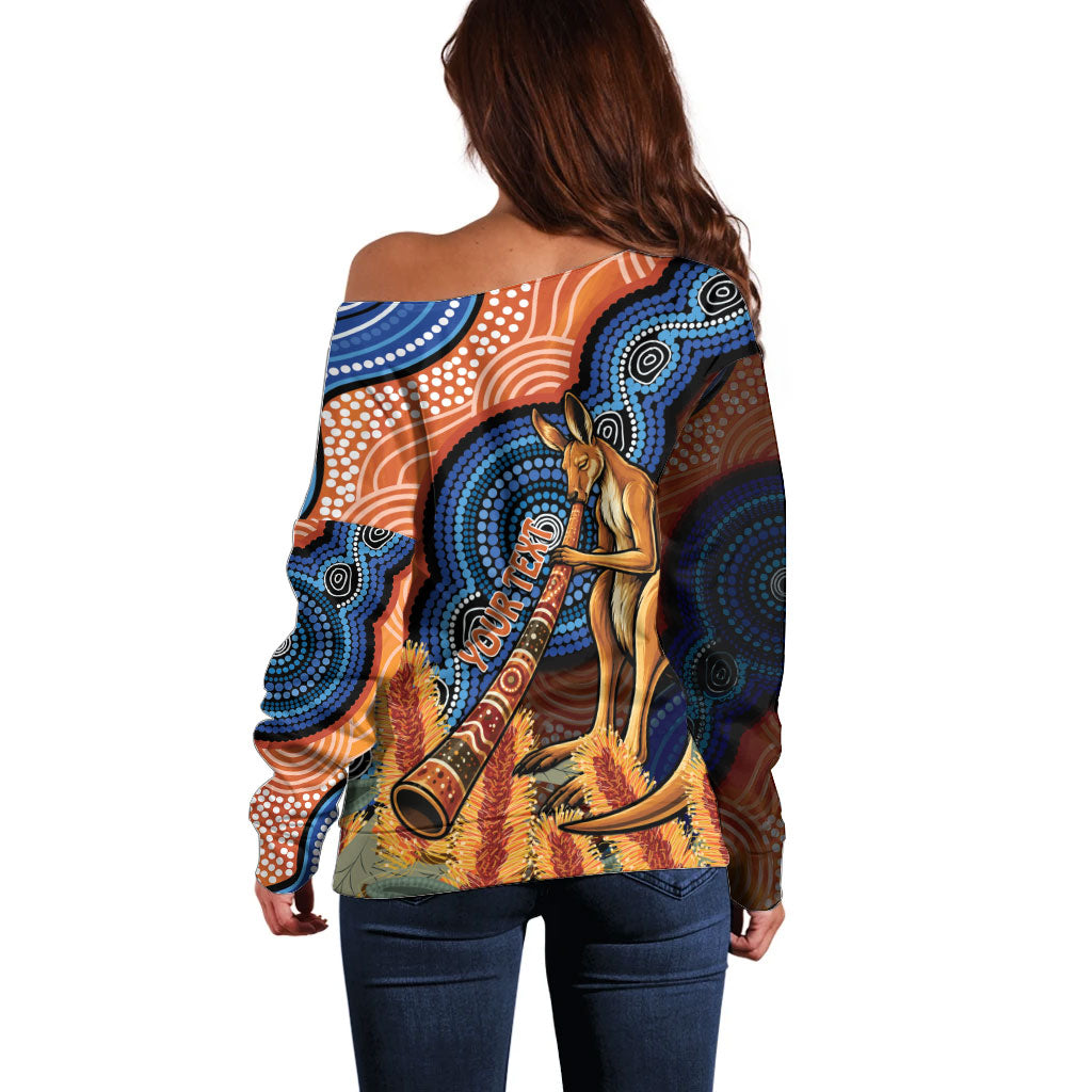 Personalised Australia Kangaroo Didgeridoo Off Shoulder Sweater Bottlebrush Flowers Indigenous Art
