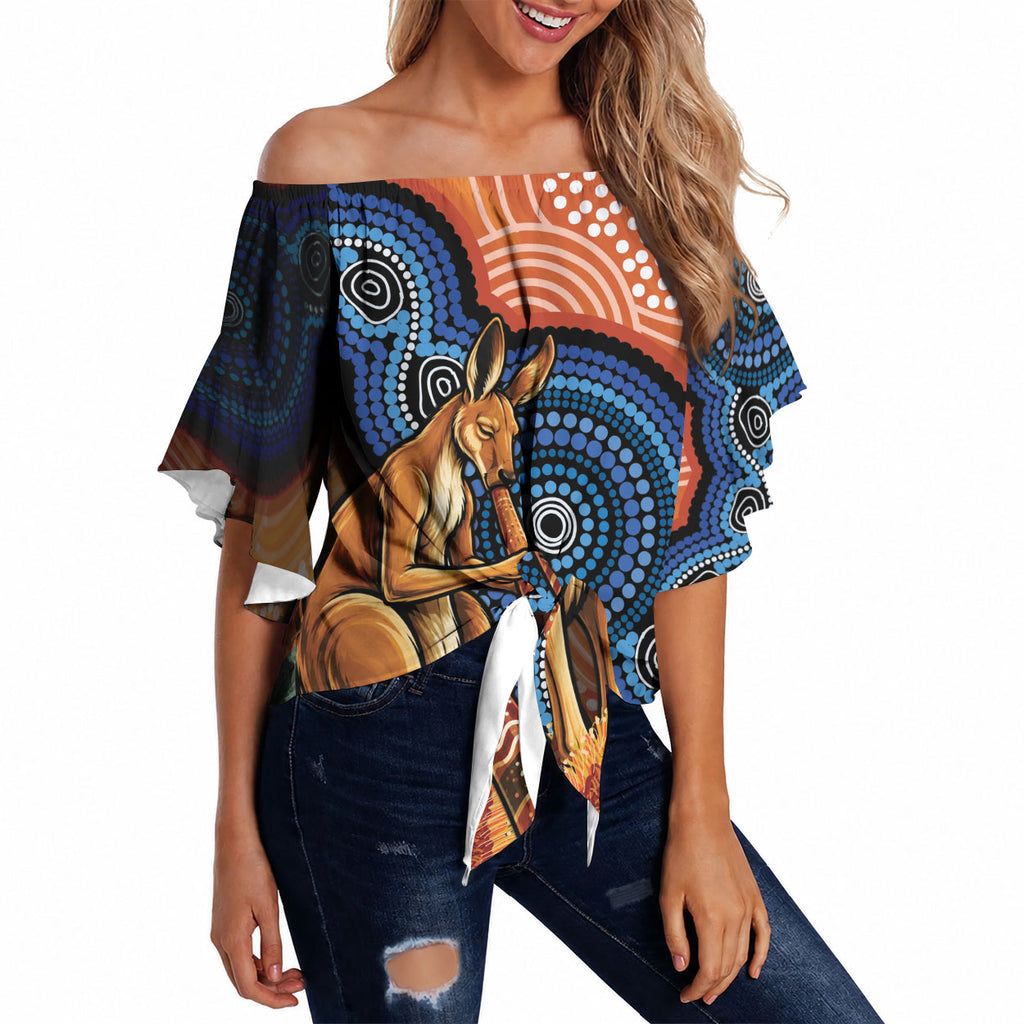 Personalised Australia Kangaroo Didgeridoo Off Shoulder Wrap Waist Top Bottlebrush Flowers Indigenous Art