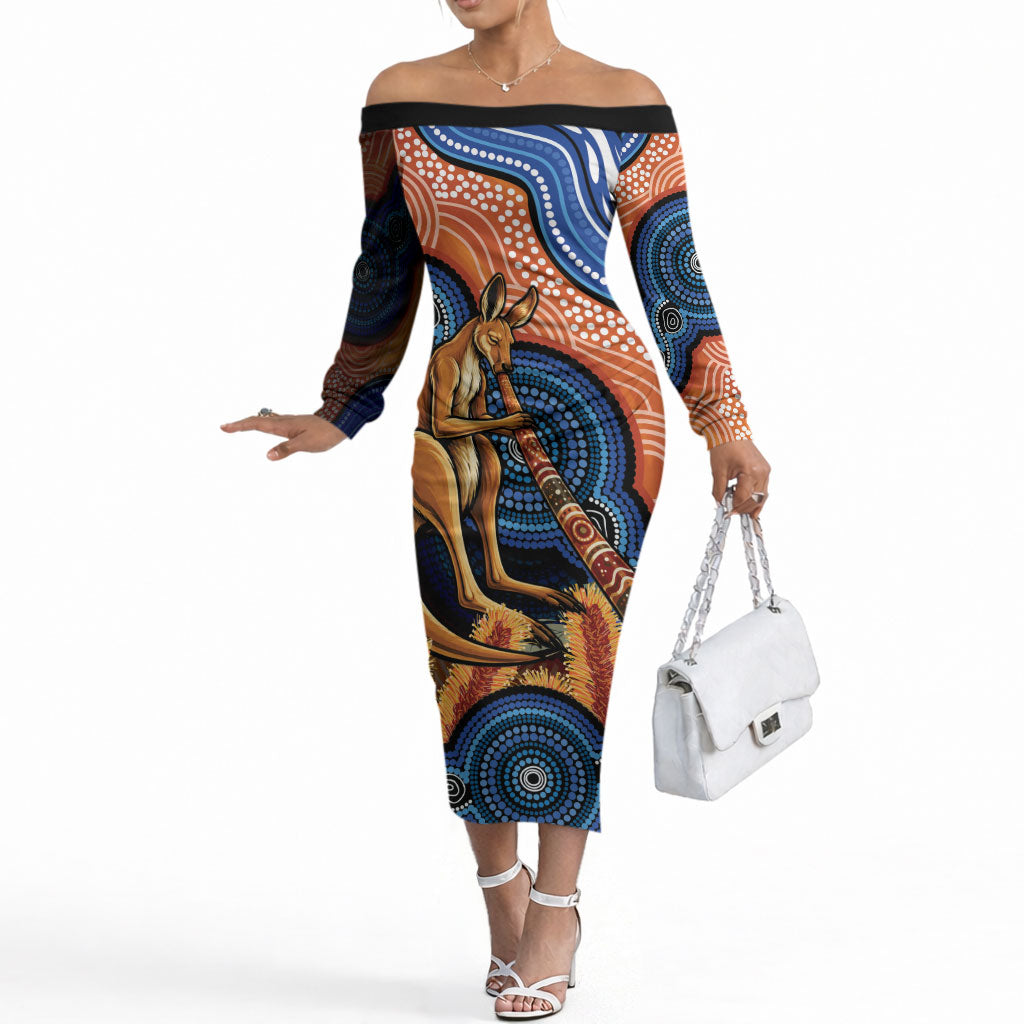 Personalised Australia Kangaroo Didgeridoo Off The Shoulder Long Sleeve Dress Bottlebrush Flowers Indigenous Art