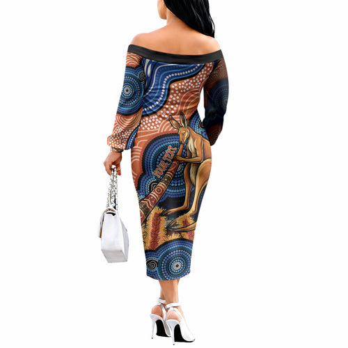 Personalised Australia Kangaroo Didgeridoo Off The Shoulder Long Sleeve Dress Bottlebrush Flowers Indigenous Art
