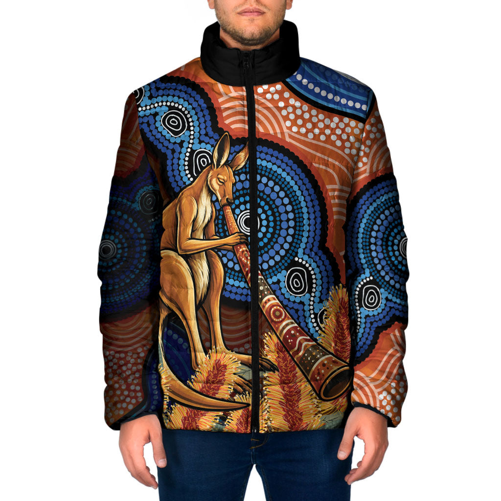 Personalised Australia Kangaroo Didgeridoo Padded Jacket Bottlebrush Flowers Indigenous Art