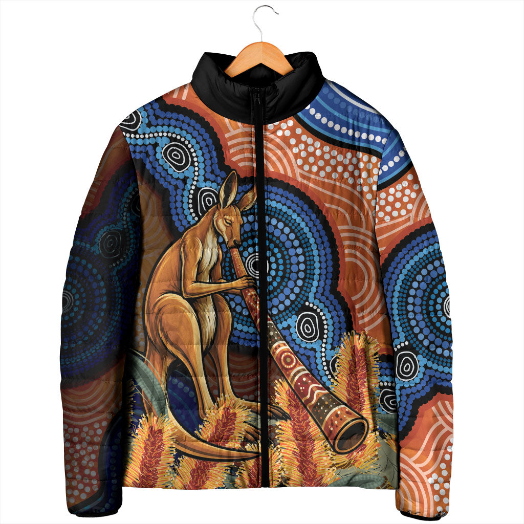 Personalised Australia Kangaroo Didgeridoo Padded Jacket Bottlebrush Flowers Indigenous Art