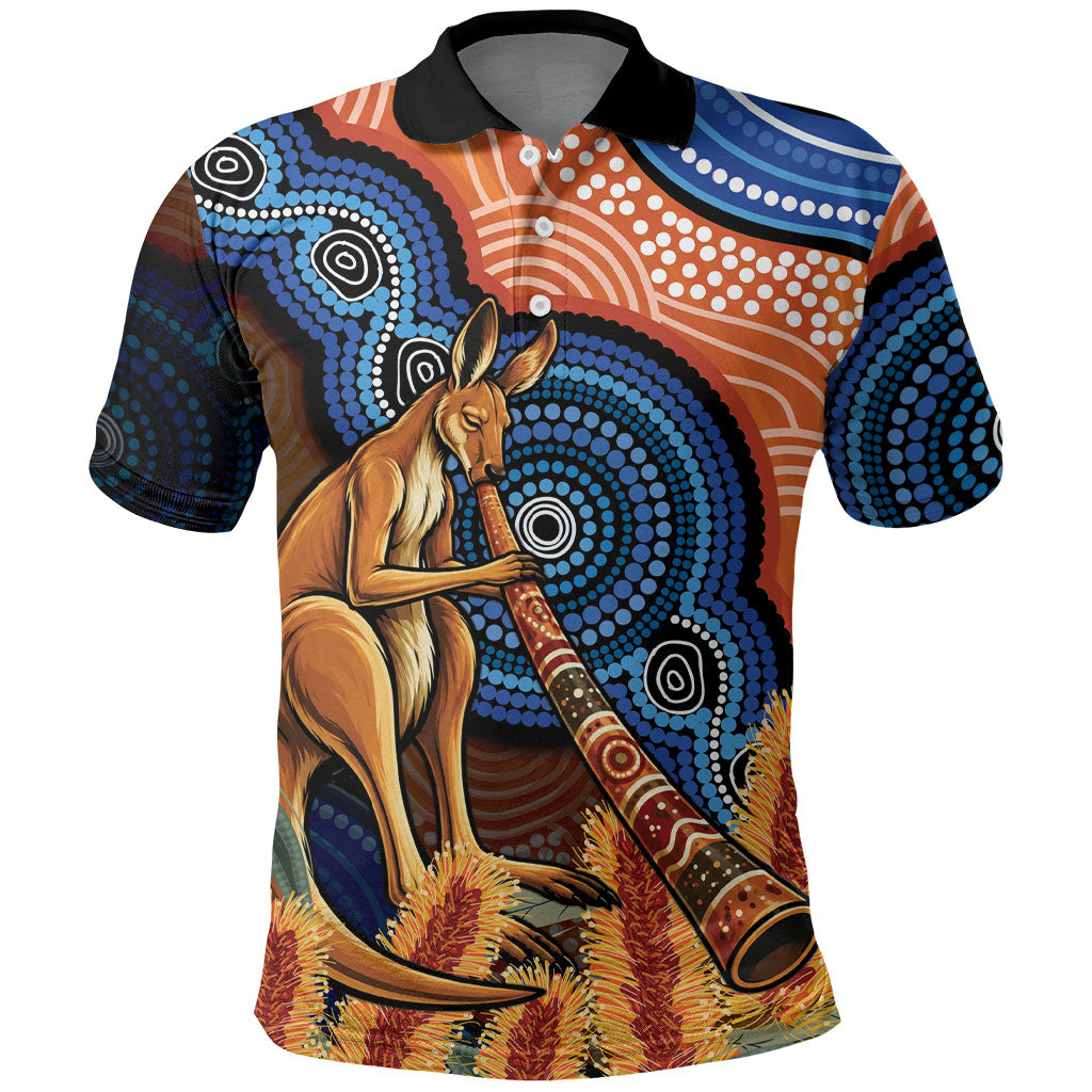 Personalised Australia Kangaroo Didgeridoo Polo Shirt Bottlebrush Flowers Indigenous Art