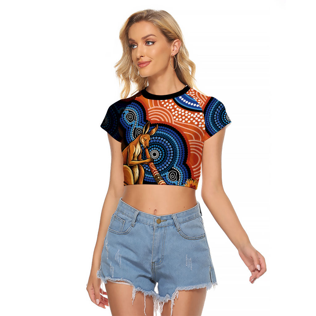 Personalised Australia Kangaroo Didgeridoo Raglan Cropped T Shirt Bottlebrush Flowers Indigenous Art