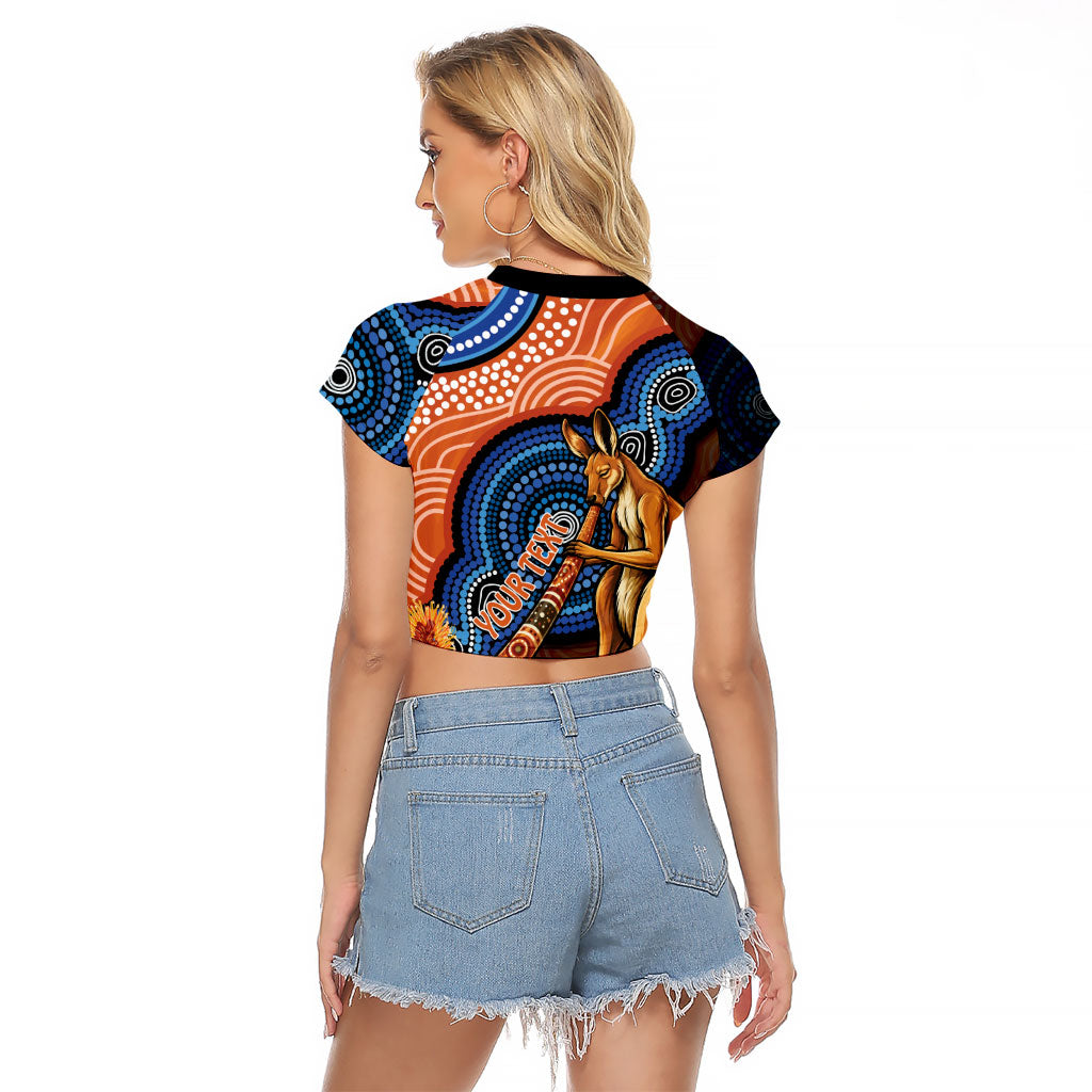 Personalised Australia Kangaroo Didgeridoo Raglan Cropped T Shirt Bottlebrush Flowers Indigenous Art