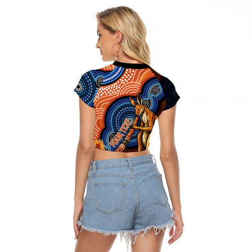 Personalised Australia Kangaroo Didgeridoo Raglan Cropped T Shirt Bottlebrush Flowers Indigenous Art