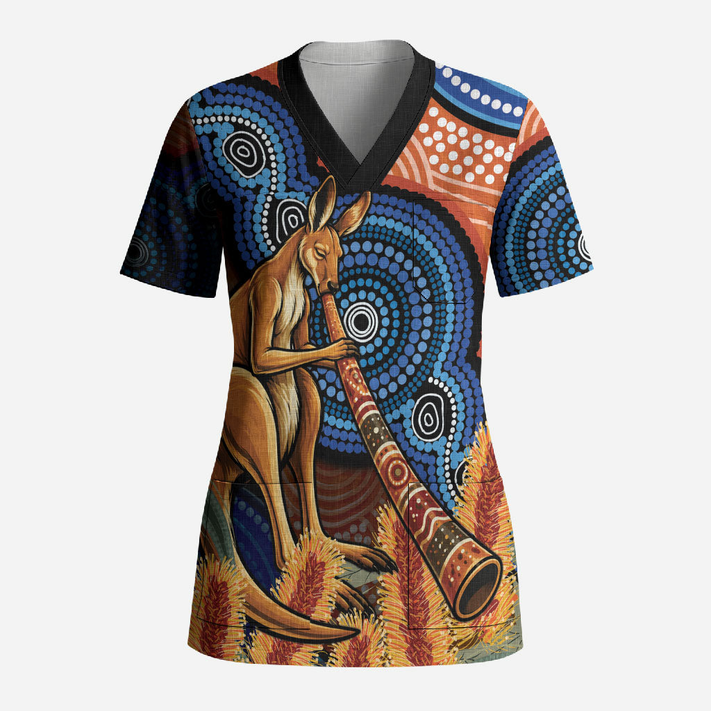 Personalised Australia Kangaroo Didgeridoo Scrub Top Bottlebrush Flowers Indigenous Art