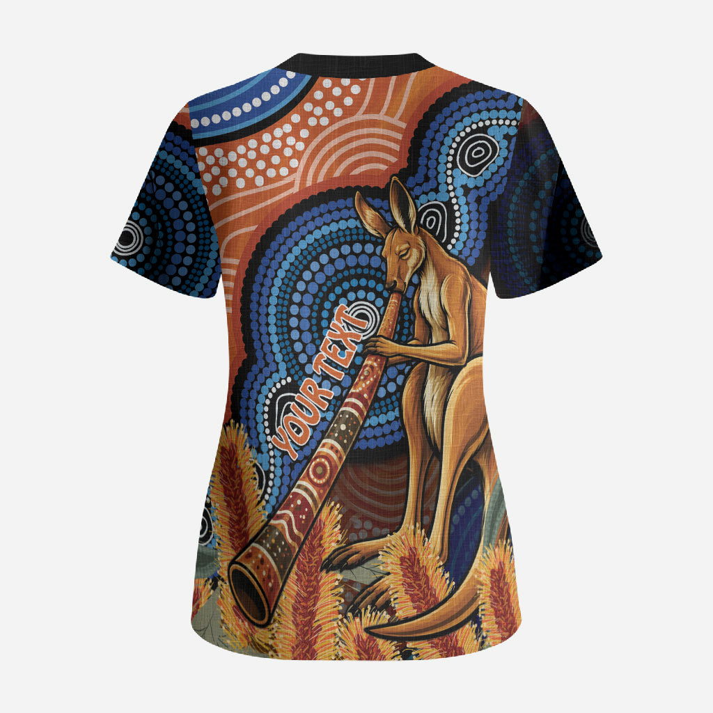Personalised Australia Kangaroo Didgeridoo Scrub Top Bottlebrush Flowers Indigenous Art