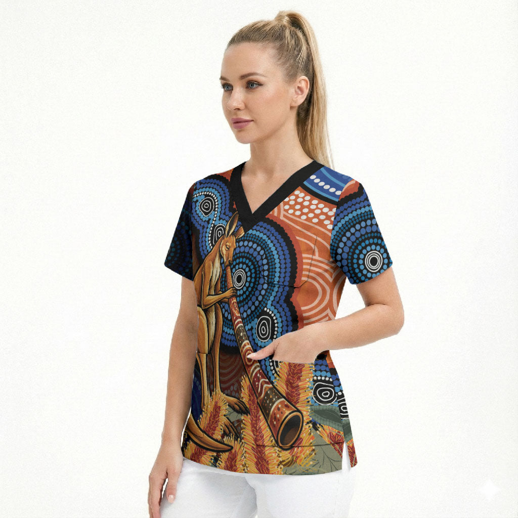 Personalised Australia Kangaroo Didgeridoo Scrub Top Bottlebrush Flowers Indigenous Art